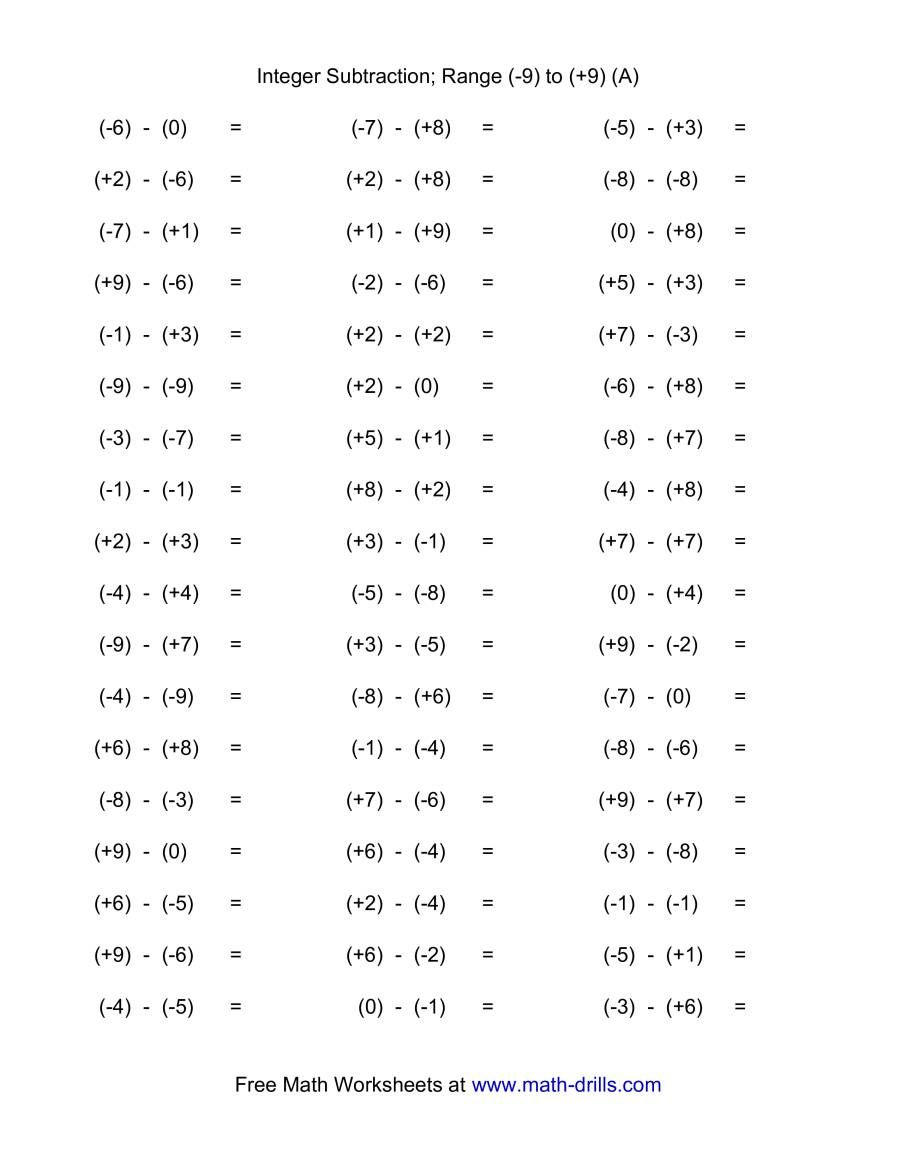 The Subtracting Integers Range 9 To 9 A Math Worksheet Math 