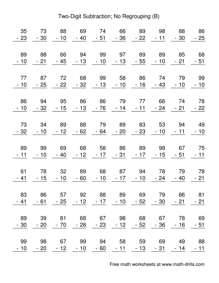 The Two Digit Subtraction With No Regrouping 100 Questions B Math 