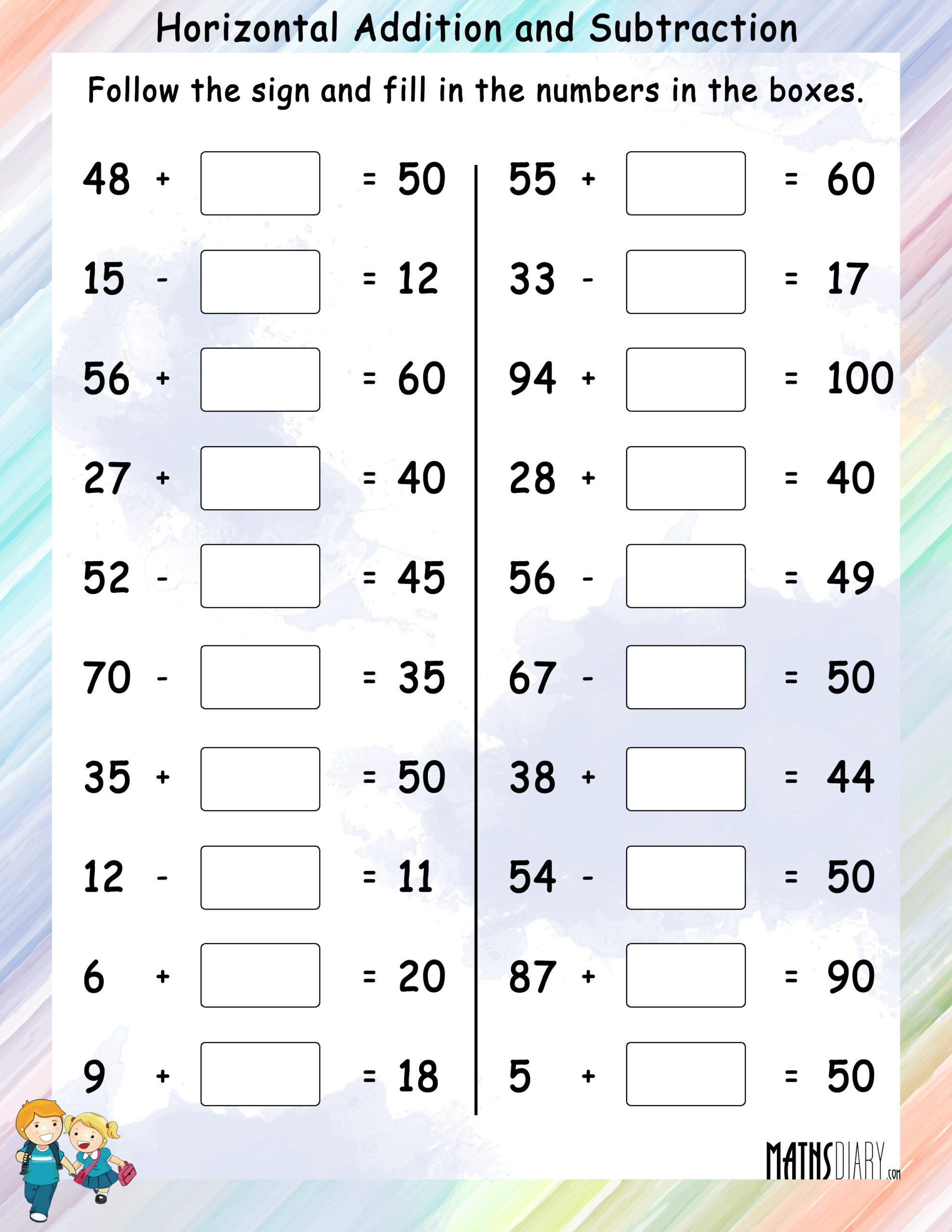 Third Grade Addition Worksheets Horizontal Addition And Subtraction 