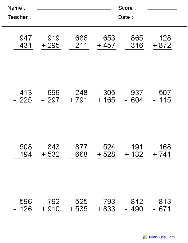 Third Grade Math Worksheets Grade 3 Addition And Subtraction EduForKid