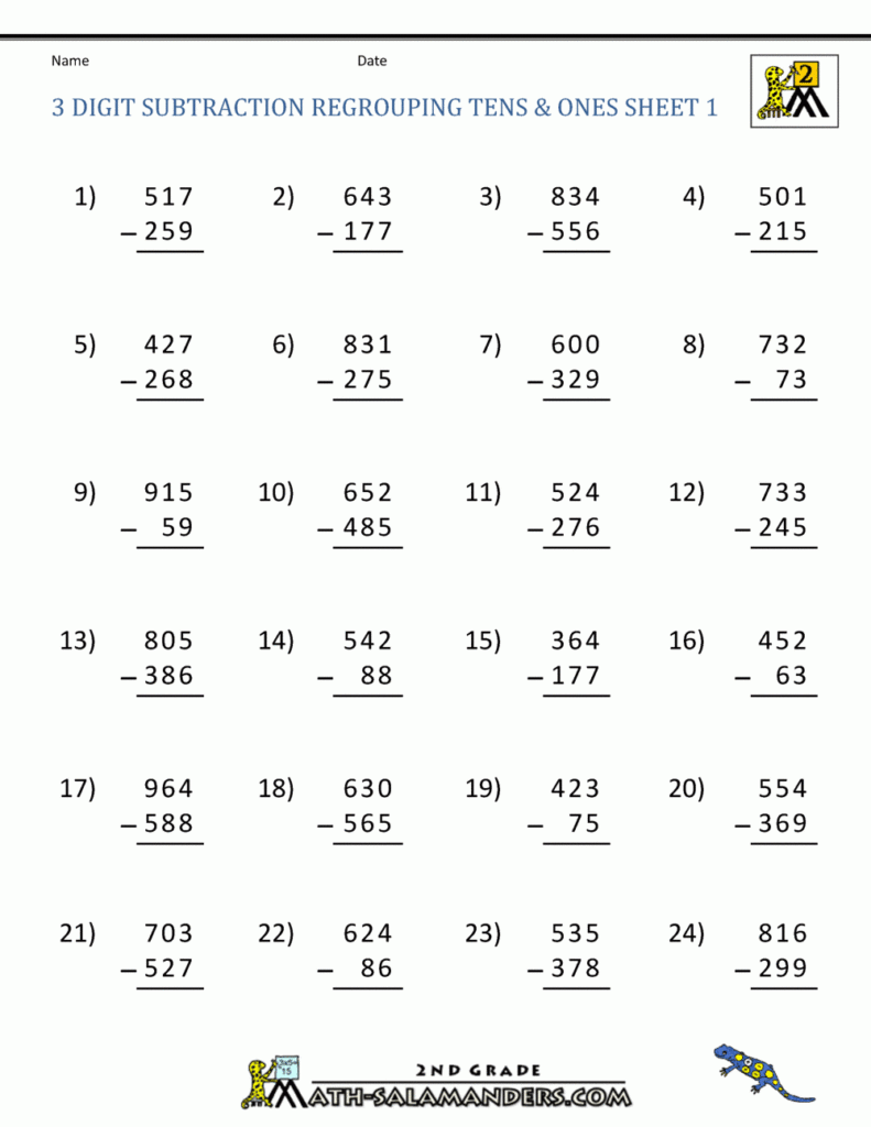 Three Digit Subtraction With Regrouping Worksheets