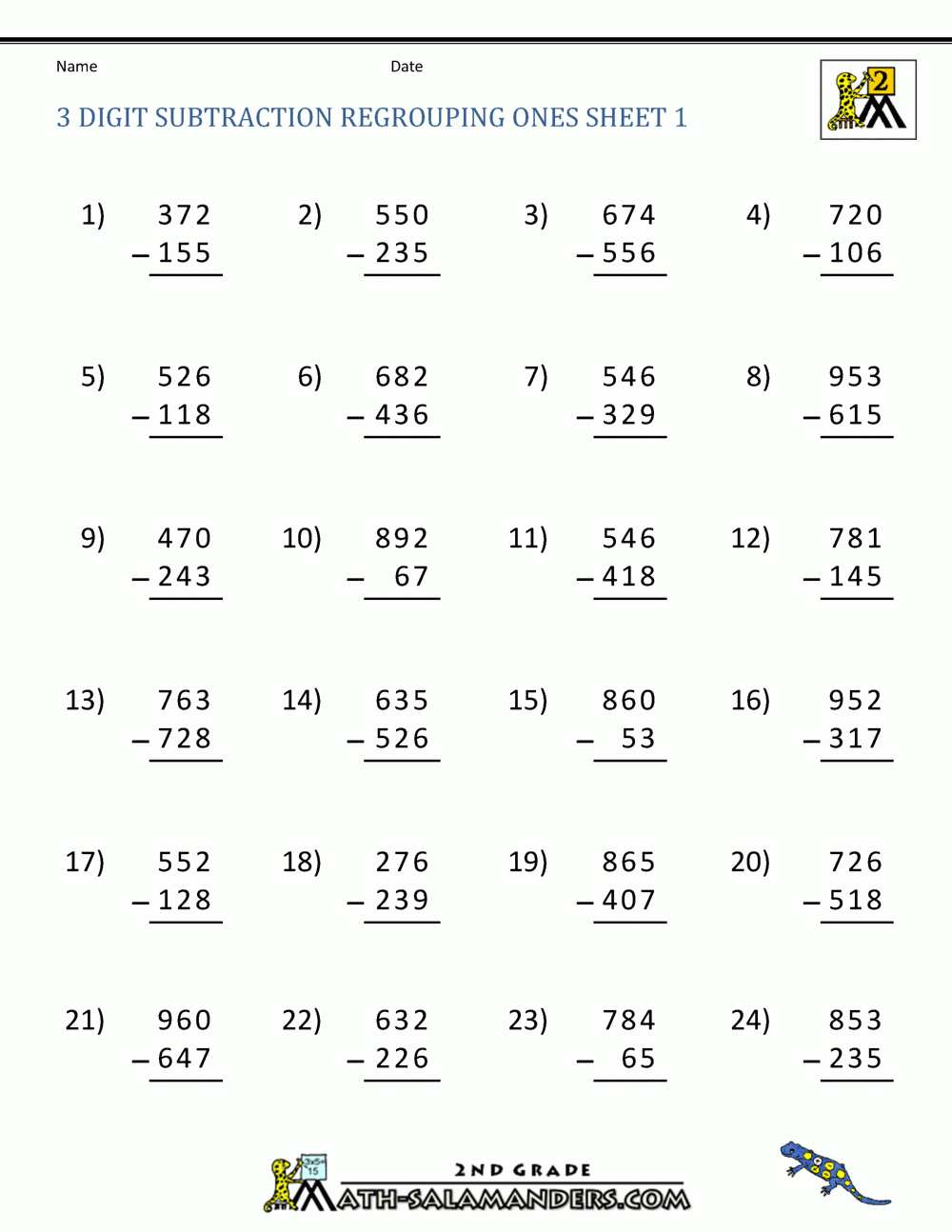 Three Digit Subtraction With Regrouping Worksheets