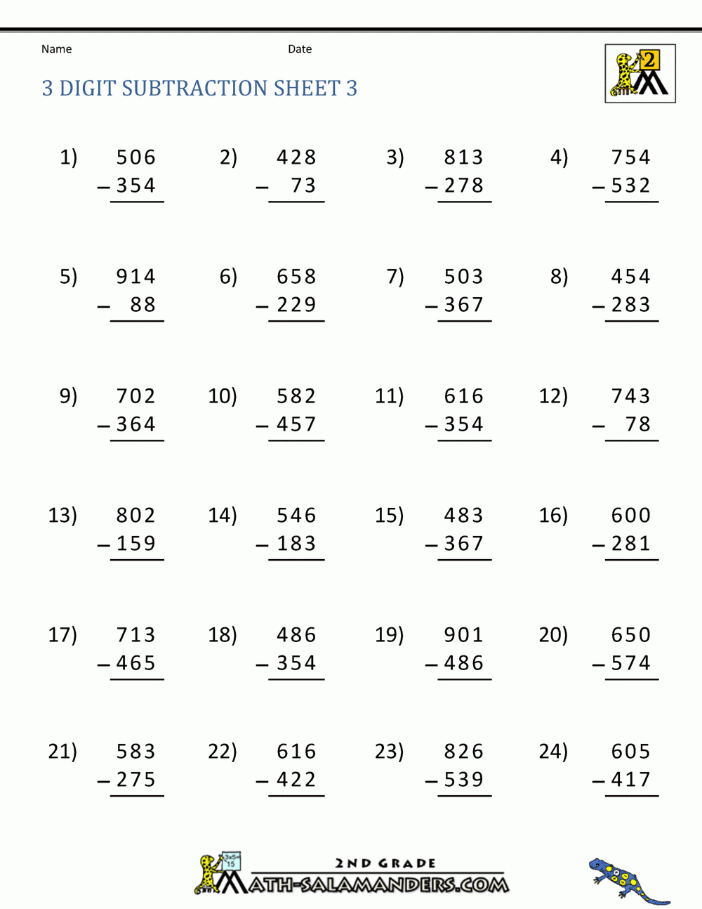 Three Digit Subtraction With Regrouping Worksheets