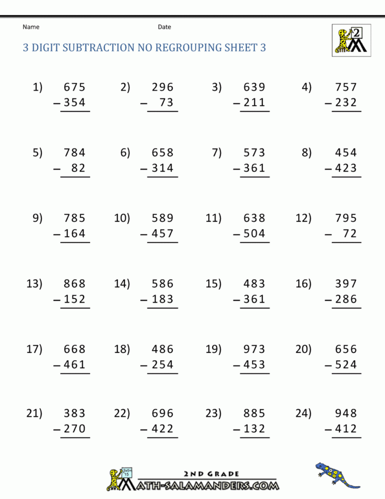 Three Digit Subtraction Without Regrouping Worksheets