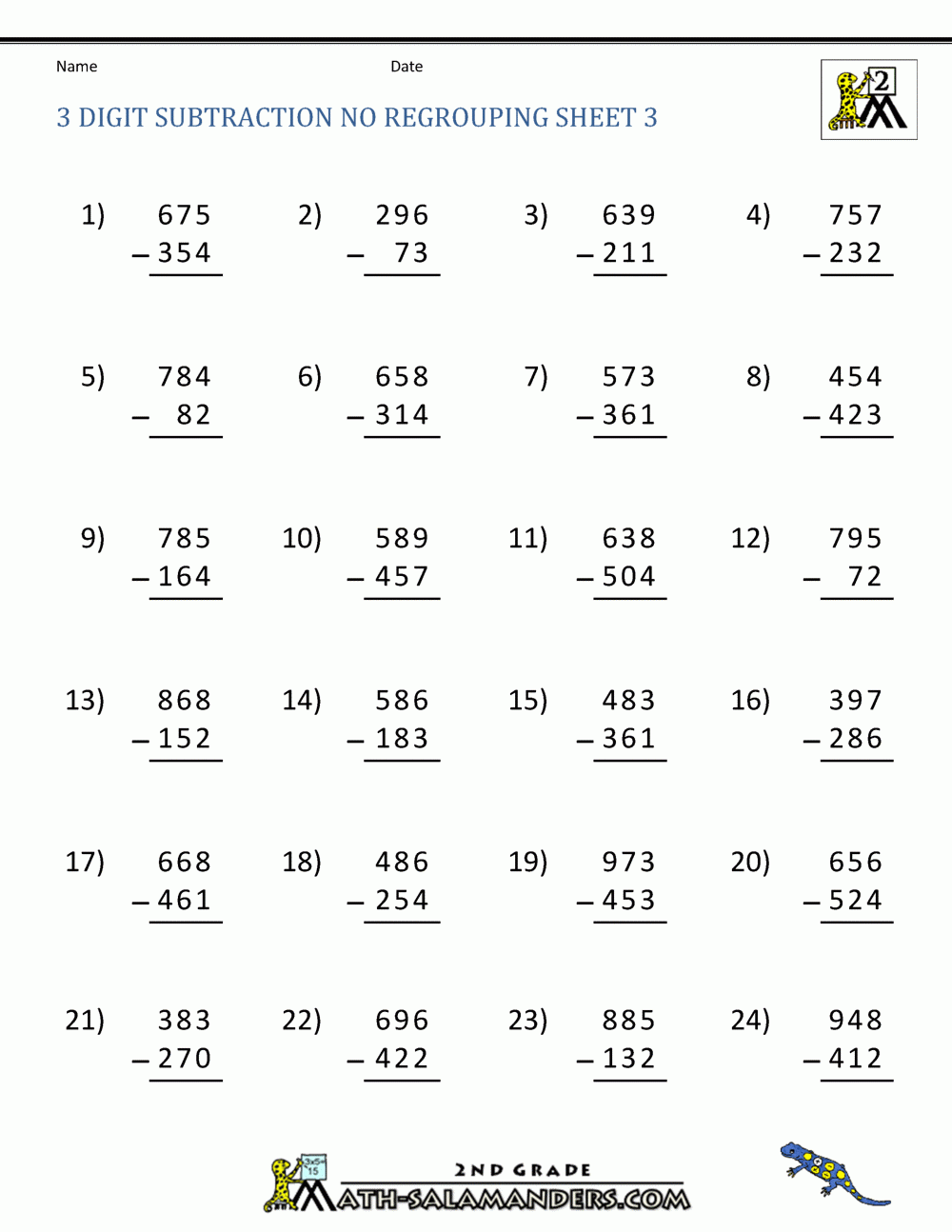 Three Digit Subtraction Without Regrouping Worksheets