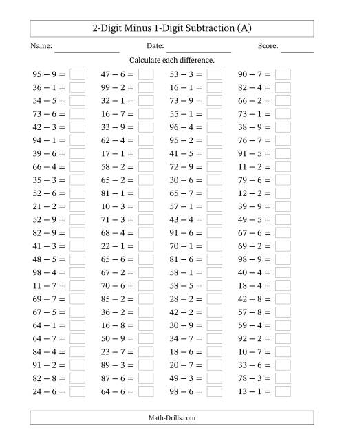 Two Digit Minus One Digit Subtraction Horizontal A 