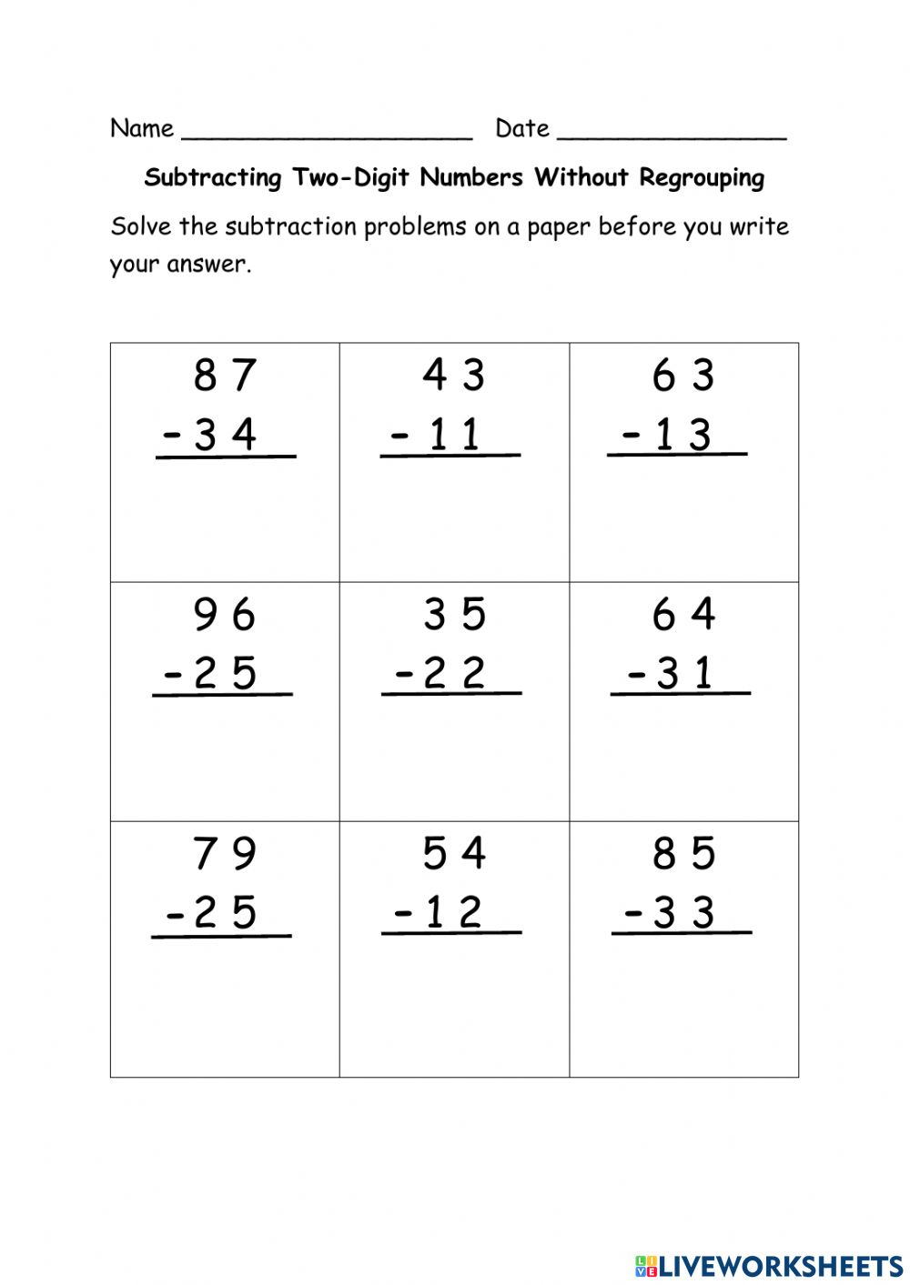 Two Digit Subtraction Without Regrouping 2 Digit Minus 2 Digit No 