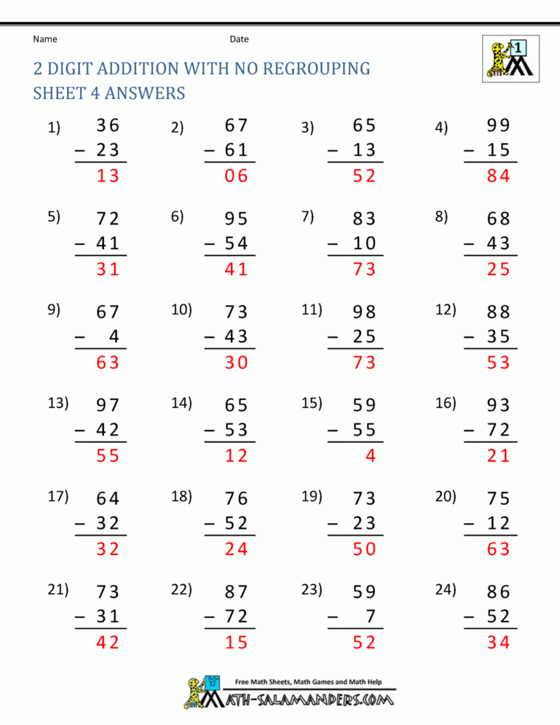 Two Digit Subtraction Without Regrouping