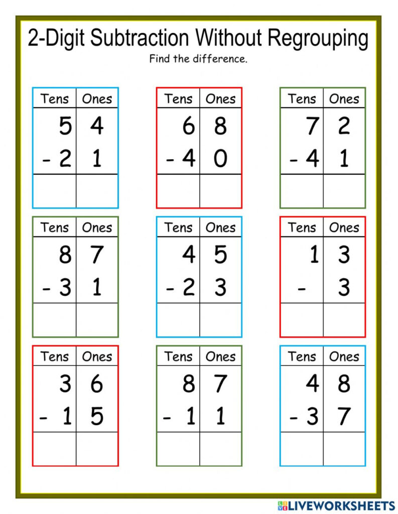 Two Digit Subtraction Without Regrouping Worksheets Free Printable