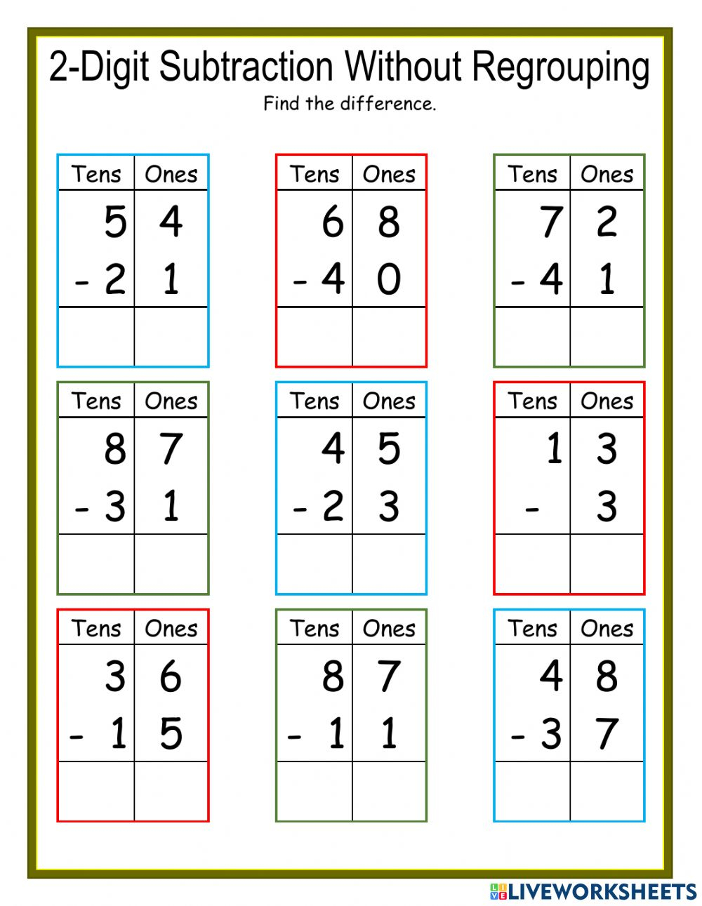 Two Digit Subtraction Without Regrouping Worksheets Free Printable 