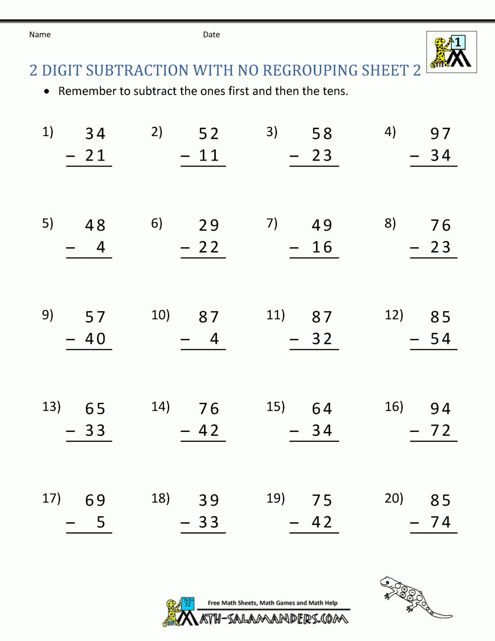 Two Digit Subtraction Without Regrouping