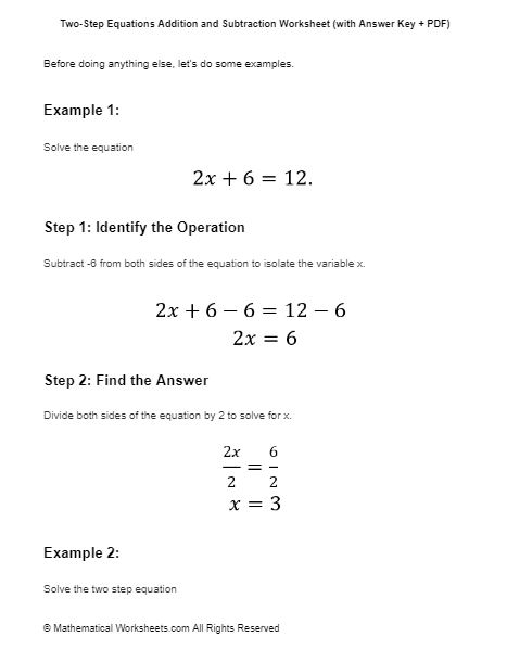 Two Step Equations Addition And Subtraction Worksheet with Answer Key