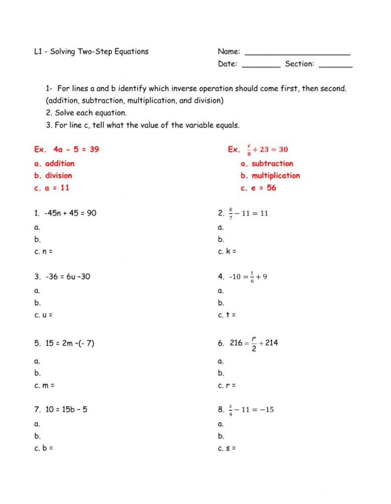 Two Step Equations Worksheet Pdf