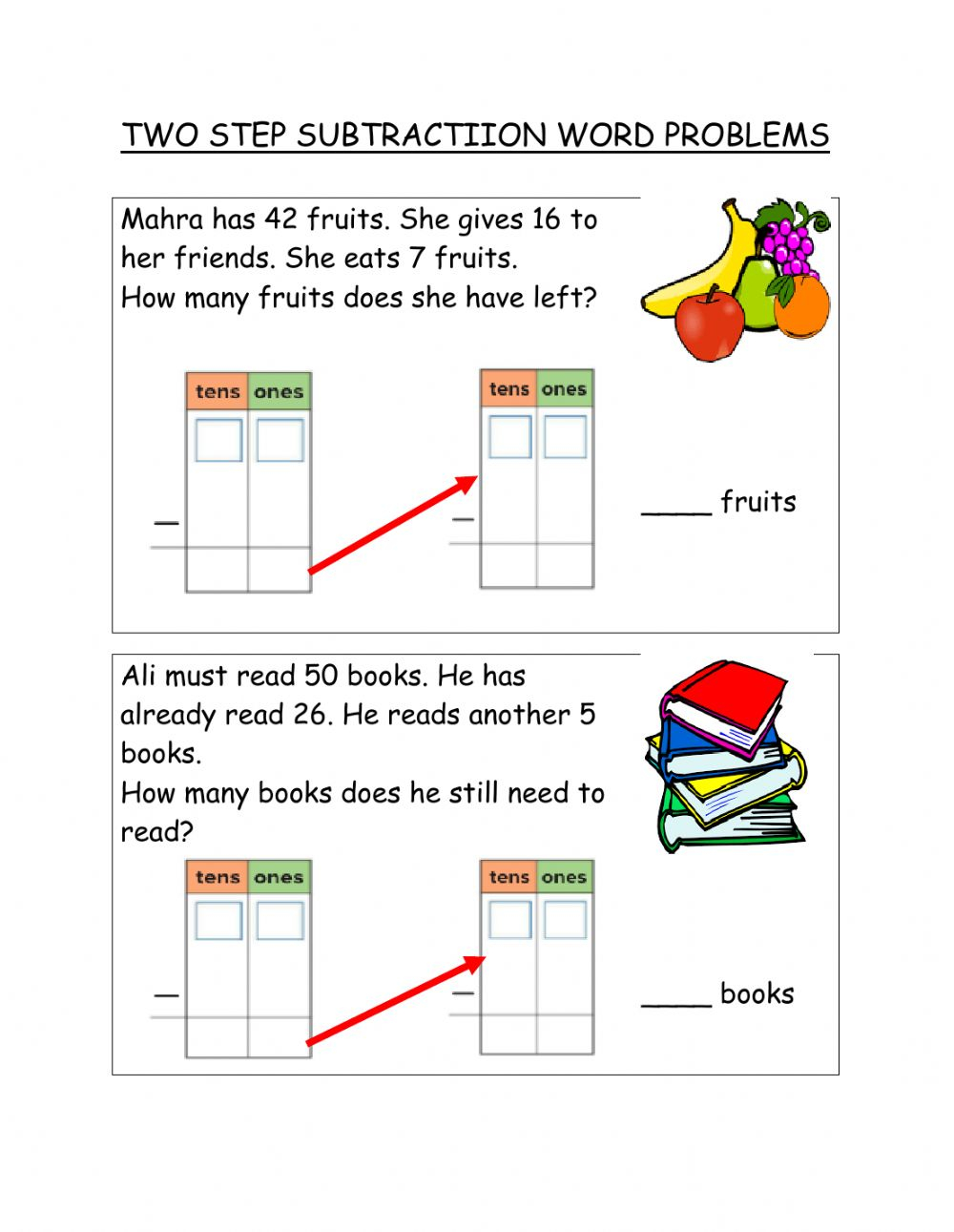 Two Step Subtraction Word Problems Worksheet