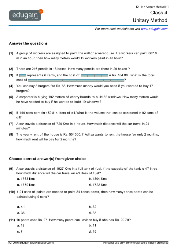 Unitary Method Worksheet Grade 7