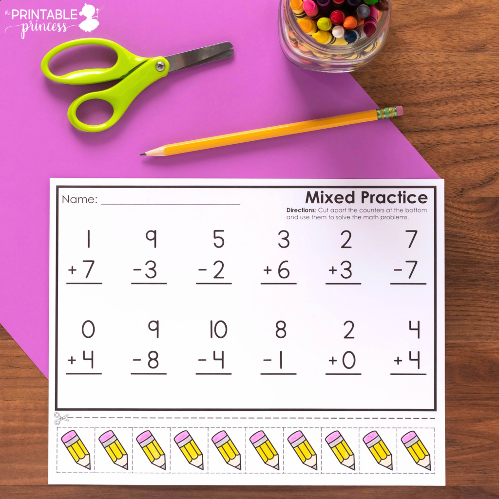 Vertical Addition Subtraction Worksheets With Cut Apart Counters