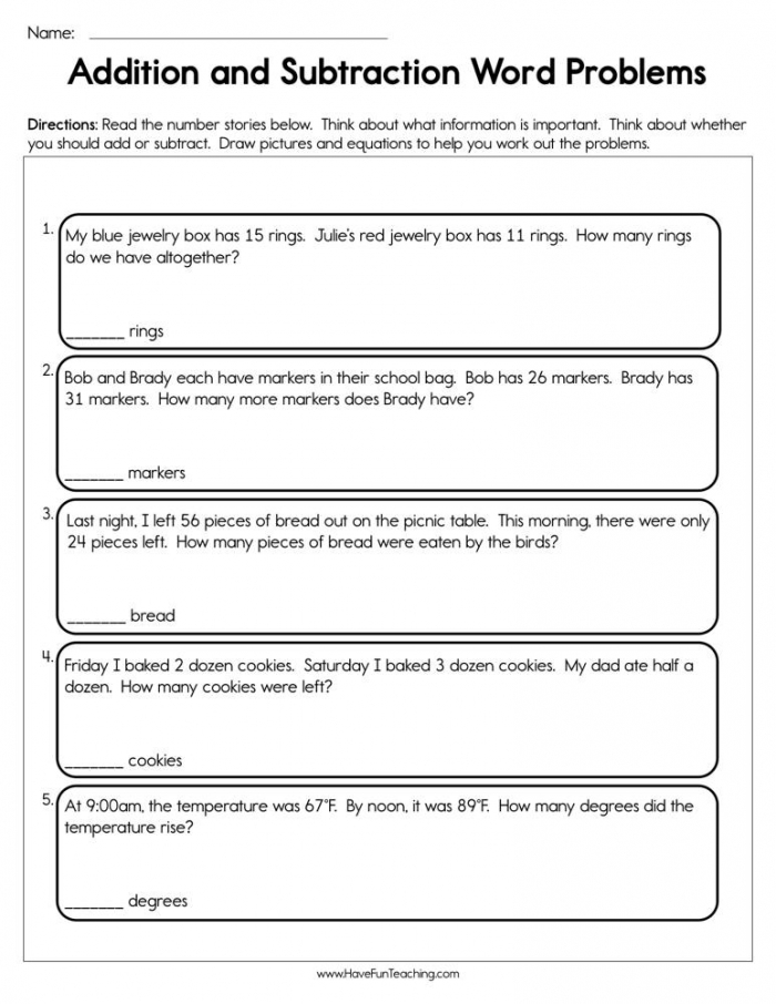 Word Problems Addition And Subtraction Worksheets 99Worksheets