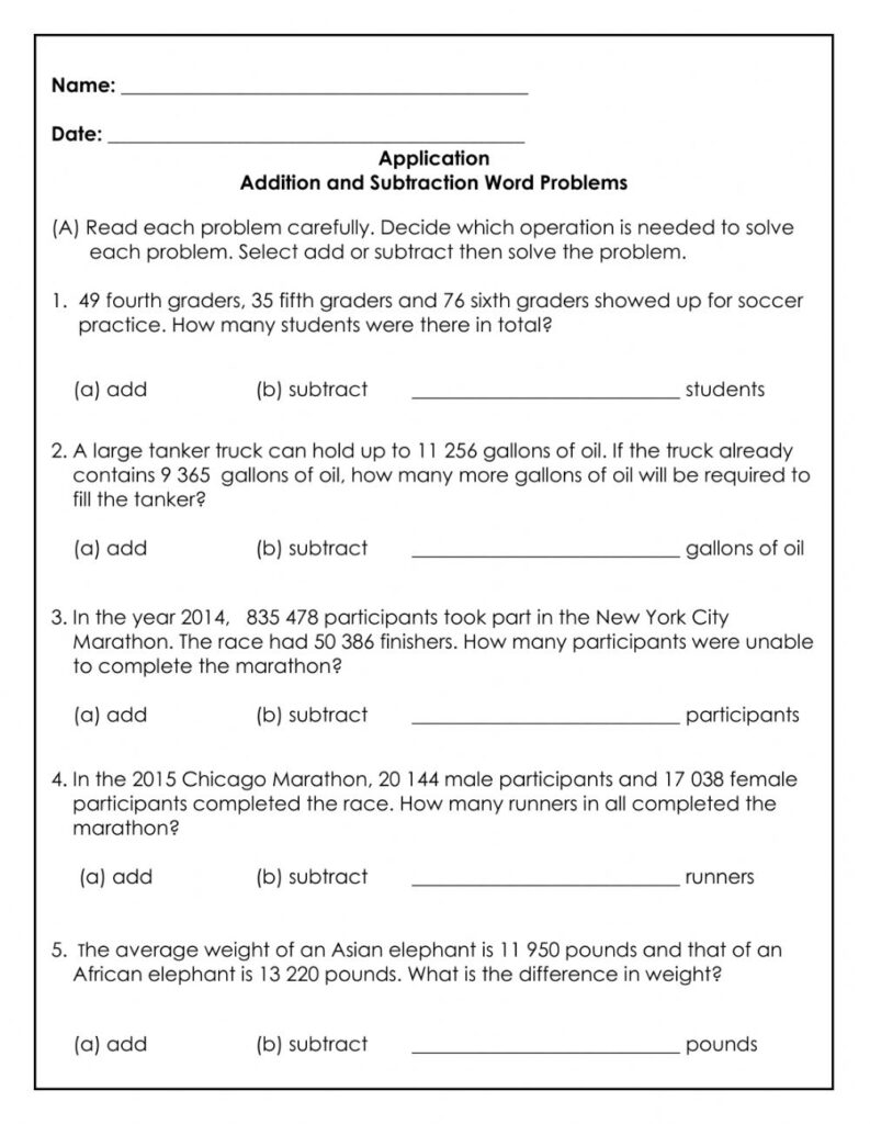 Word Problems Addition And Subtraction Year 4