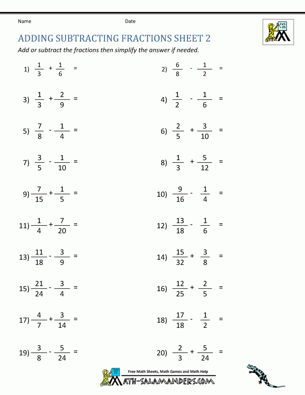 Worksheet Adding And Subtracting Fractions