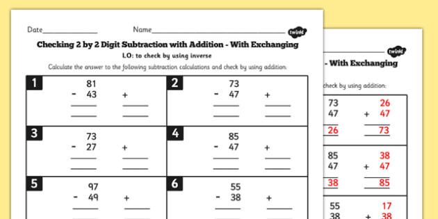 Y3 Inverse Check 2 Digit 2 Subtraction Addition Exchange Sheet