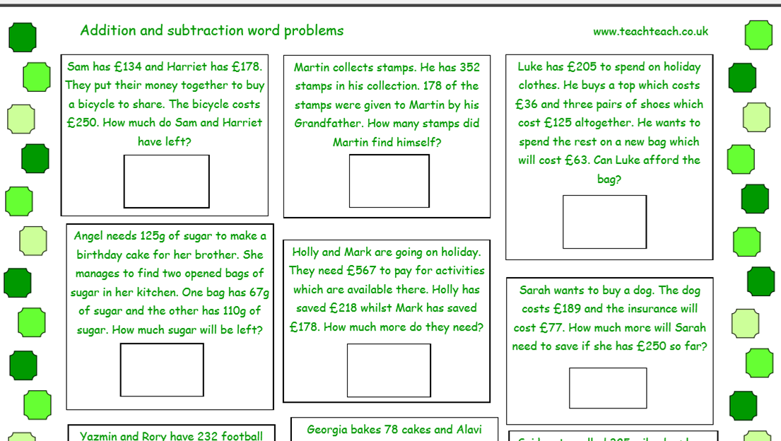 Year 3 Addition And Subtraction Word Problems TeachTeach